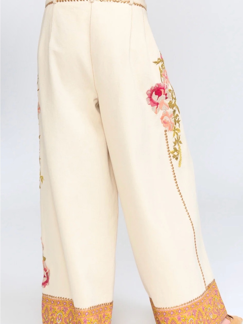 Time To Shine Embroidered Cream Wide-Leg Pants with Floral Trim by Aratta, NWT - Picture 6 of 7